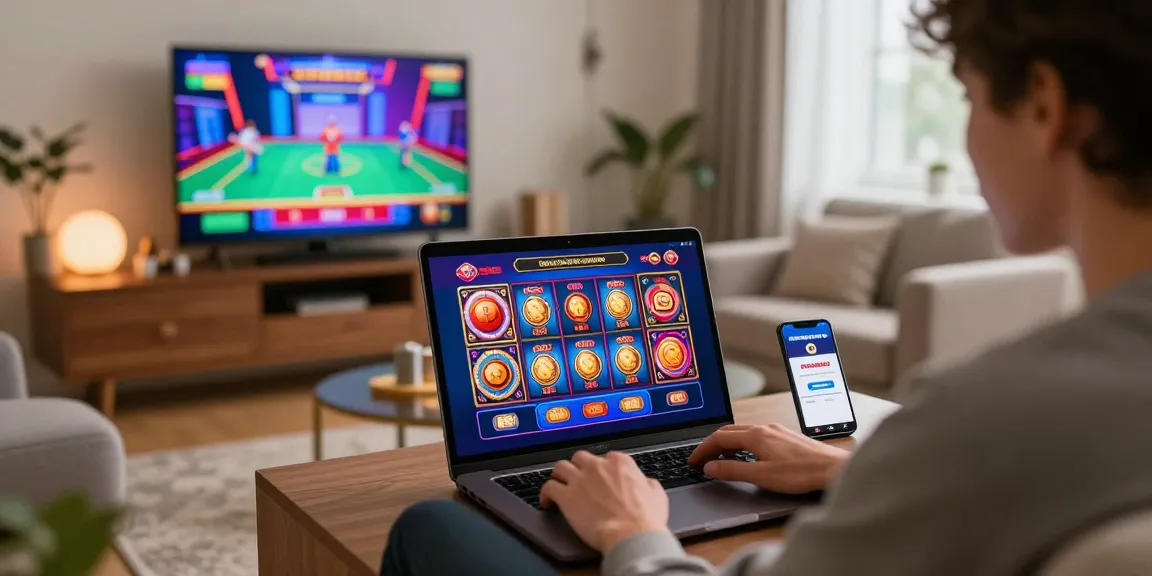 Engaged player enjoying non gamstop casinos in a cozy lounge with vibrant casino game graphics.