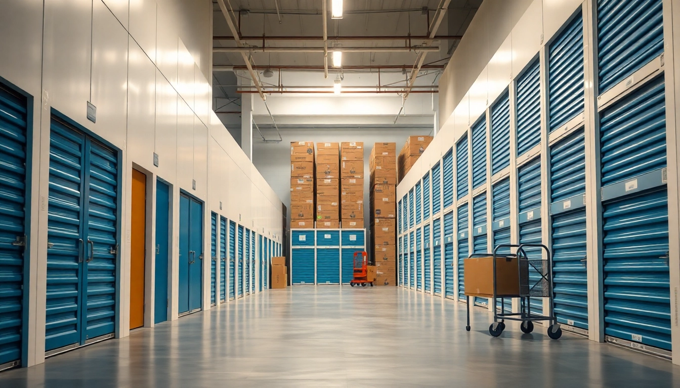 Efficient self storage units organized in a modern facility with vibrant colors and clear labeling.