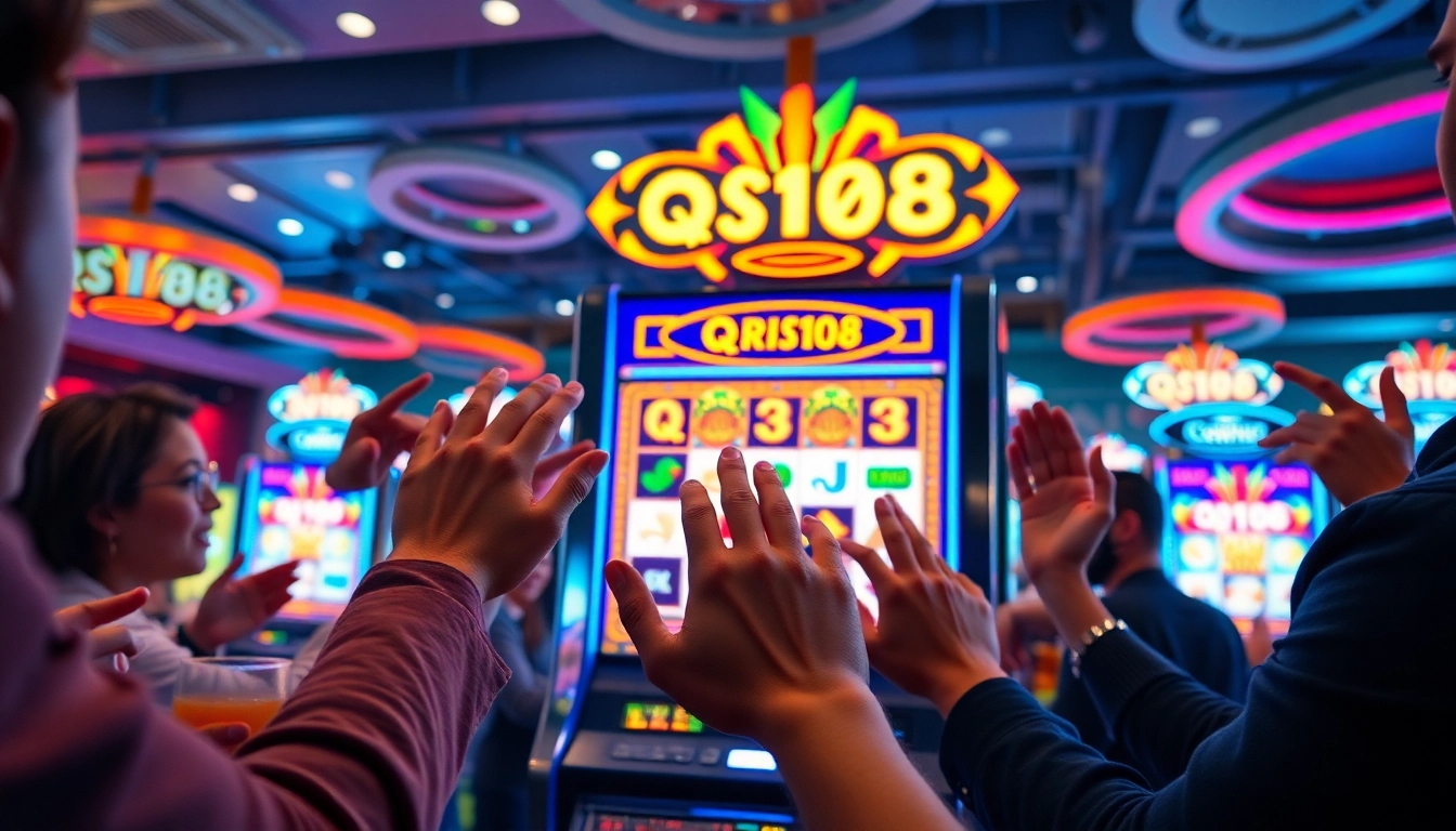 Pemain bersenang-senang dengan slot QRIS108 Slot dalam suasana kasino yang ramai.