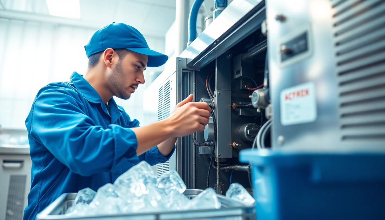 Technician performing Commercial Ice Machine Repair in a clean kitchen setting