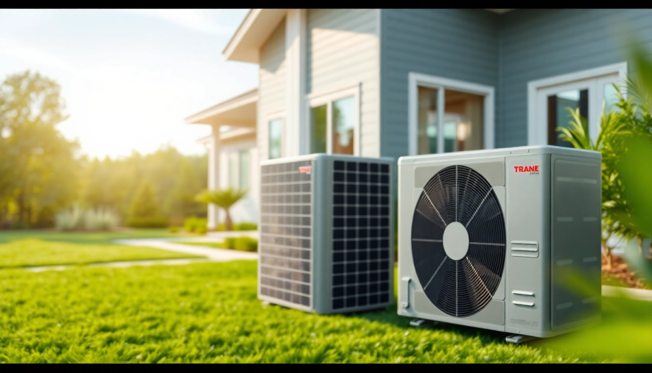 Showcasing Trane heat pumps in a modern home setting, focusing on design and energy efficiency.