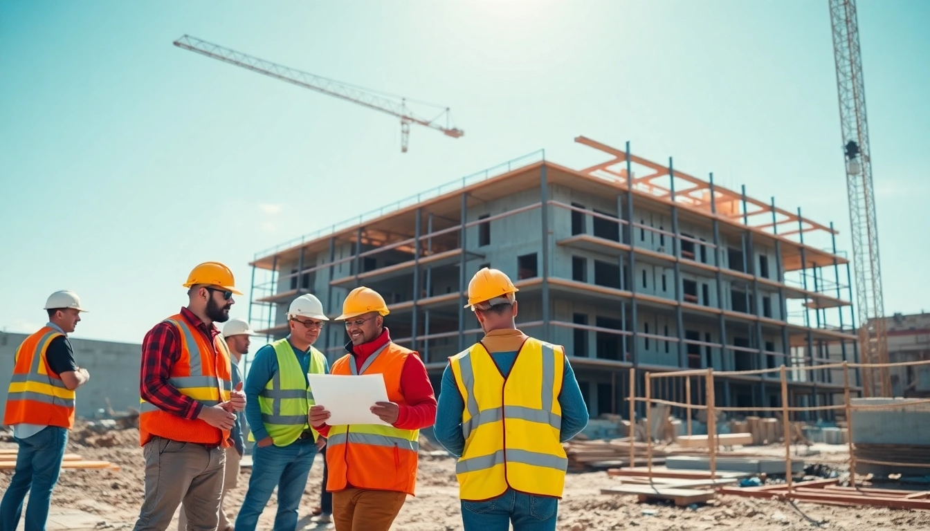 Showcasing a New Jersey Commercial General Contractor on site, building a modern commercial structure with diverse workers.