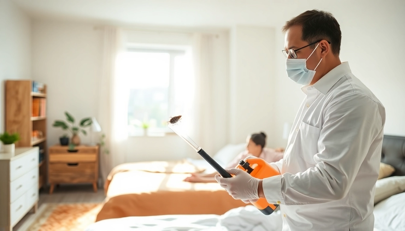 Exterminator implementing bed bug treatment in a tidy bedroom setting, illustrating effective pest control methods.