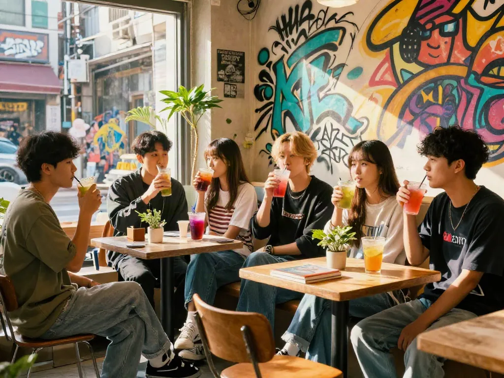 홍대OP를 즐기는 젊은이들이 스타일리시하게 모여 있는 카페의 모습