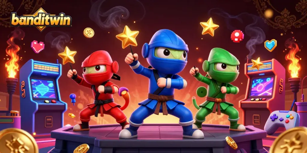 Banditwin menunjukkan chameleon ninja beraksi dalam permainan kasino yang penuh warna dan semangat.