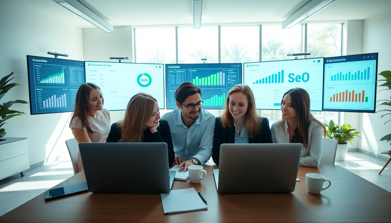 SEO Agentur team collaborating in a modern office setting with digital tools.