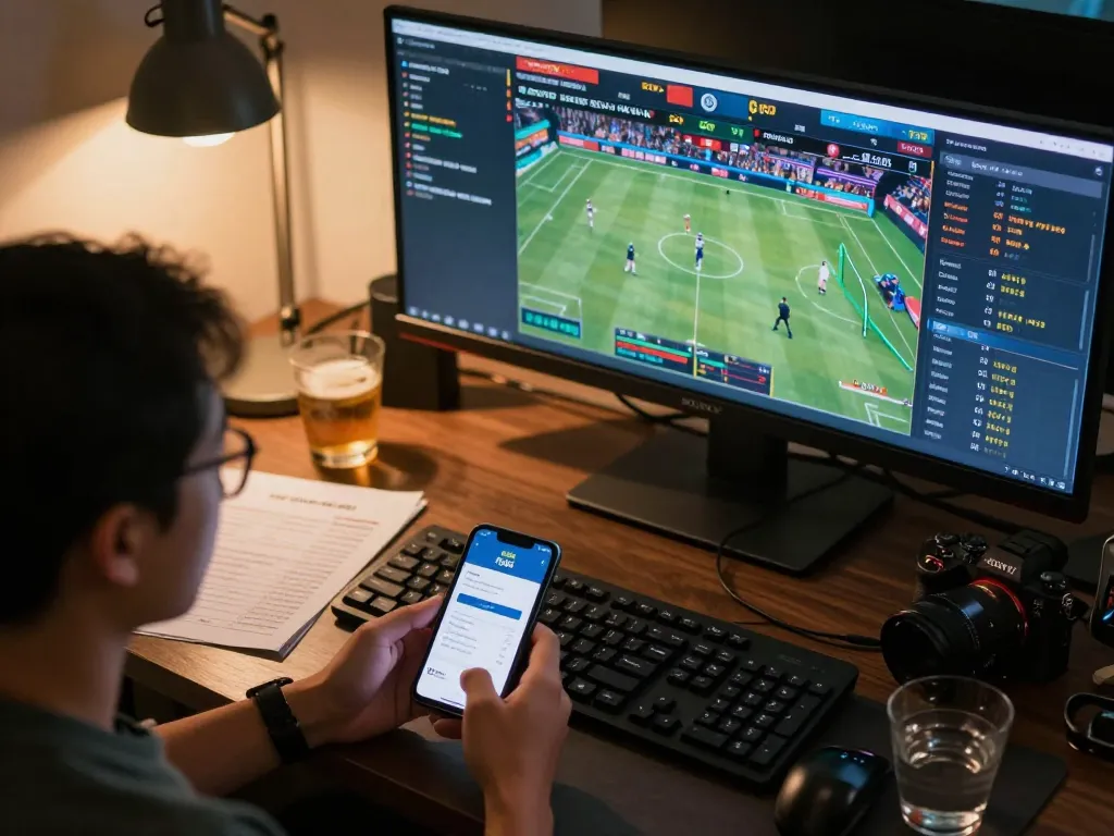 Engaged player using nhà cái fly88 app for live sports betting with multiple screens showing odds and matches.