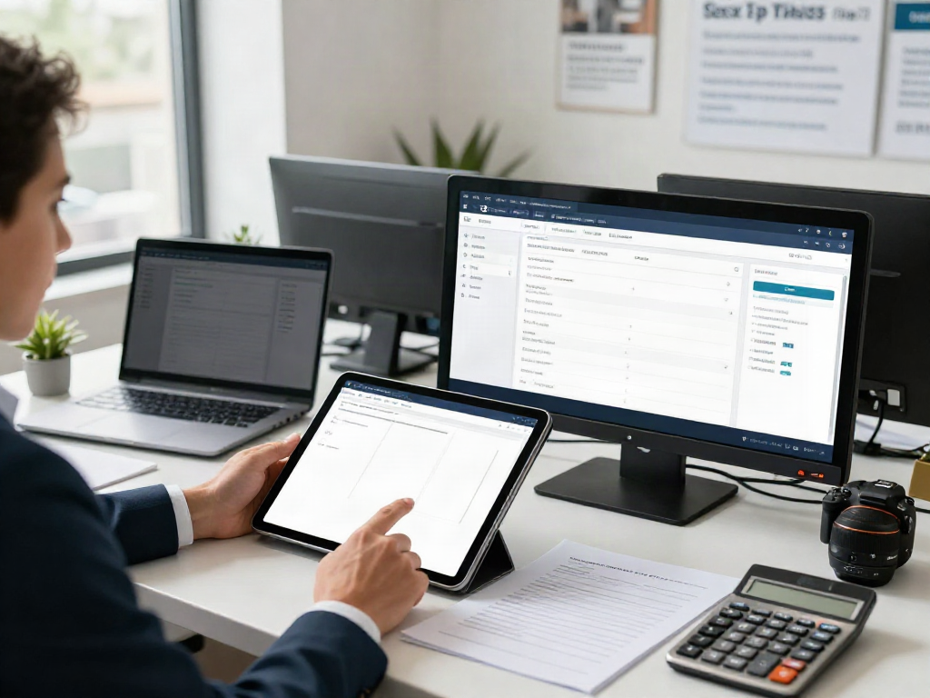 Consultant using service bureau tax software in a modern office environment, showcasing professional tools and a collaborative atmosphere.