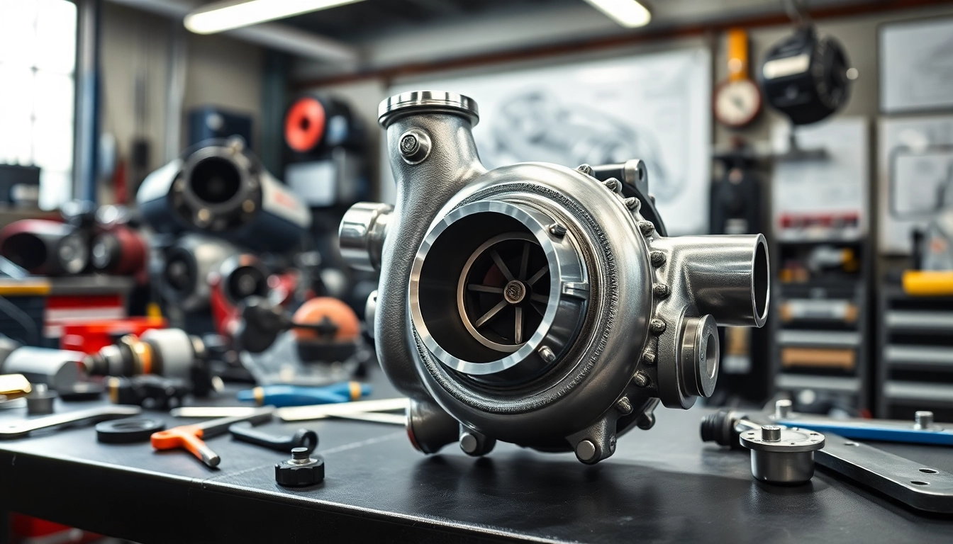Turbosmart high boost turbo showcased in a bright automotive workshop, emphasizing performance.