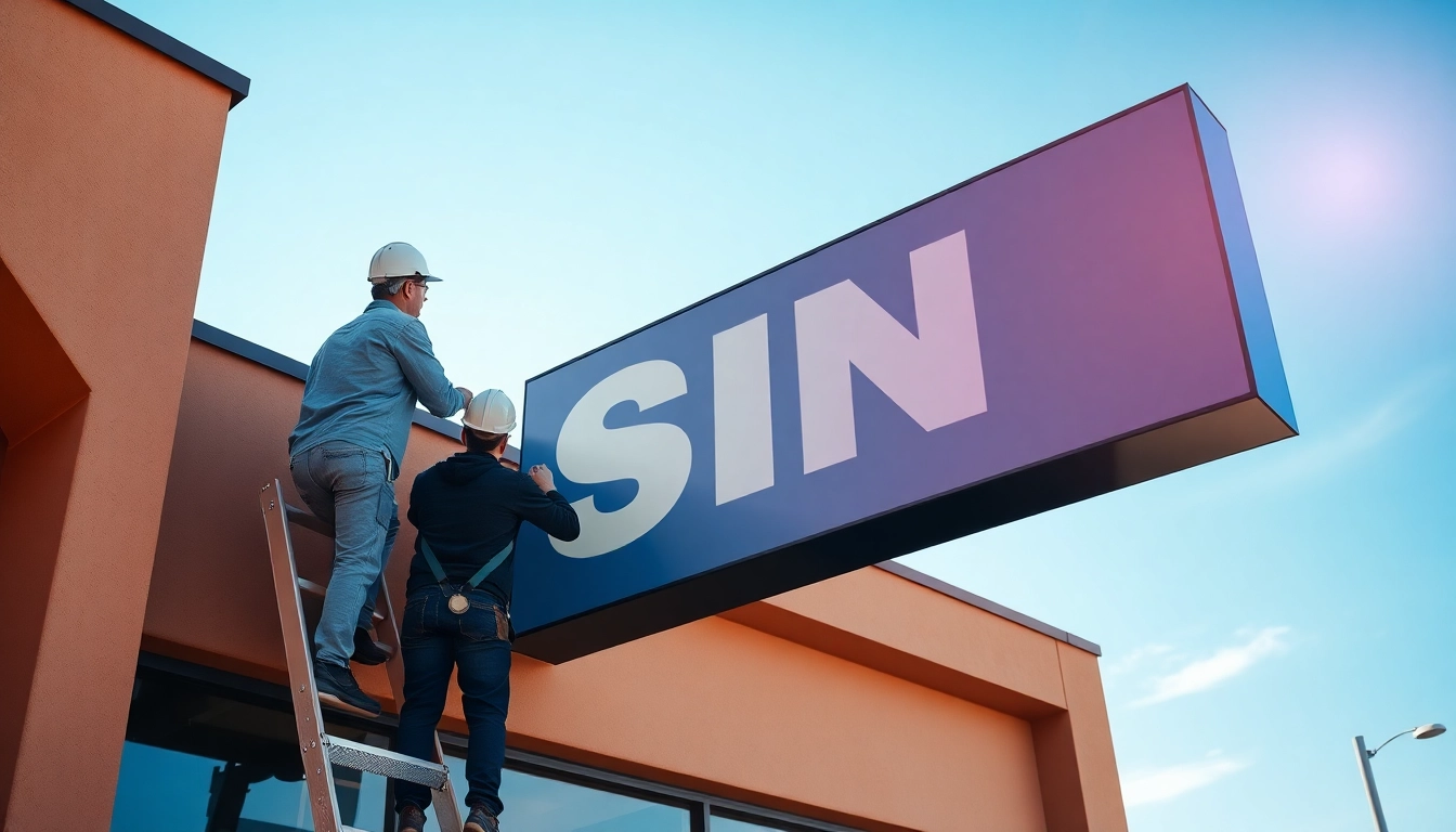 Team engaged in sign installation of a vibrant commercial sign, showcasing skilled service.
