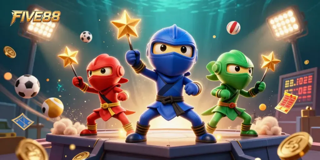 FIVE88 elevates the gaming experience with vibrant action-packed scenes featuring synchronized chameleon ninjas.
