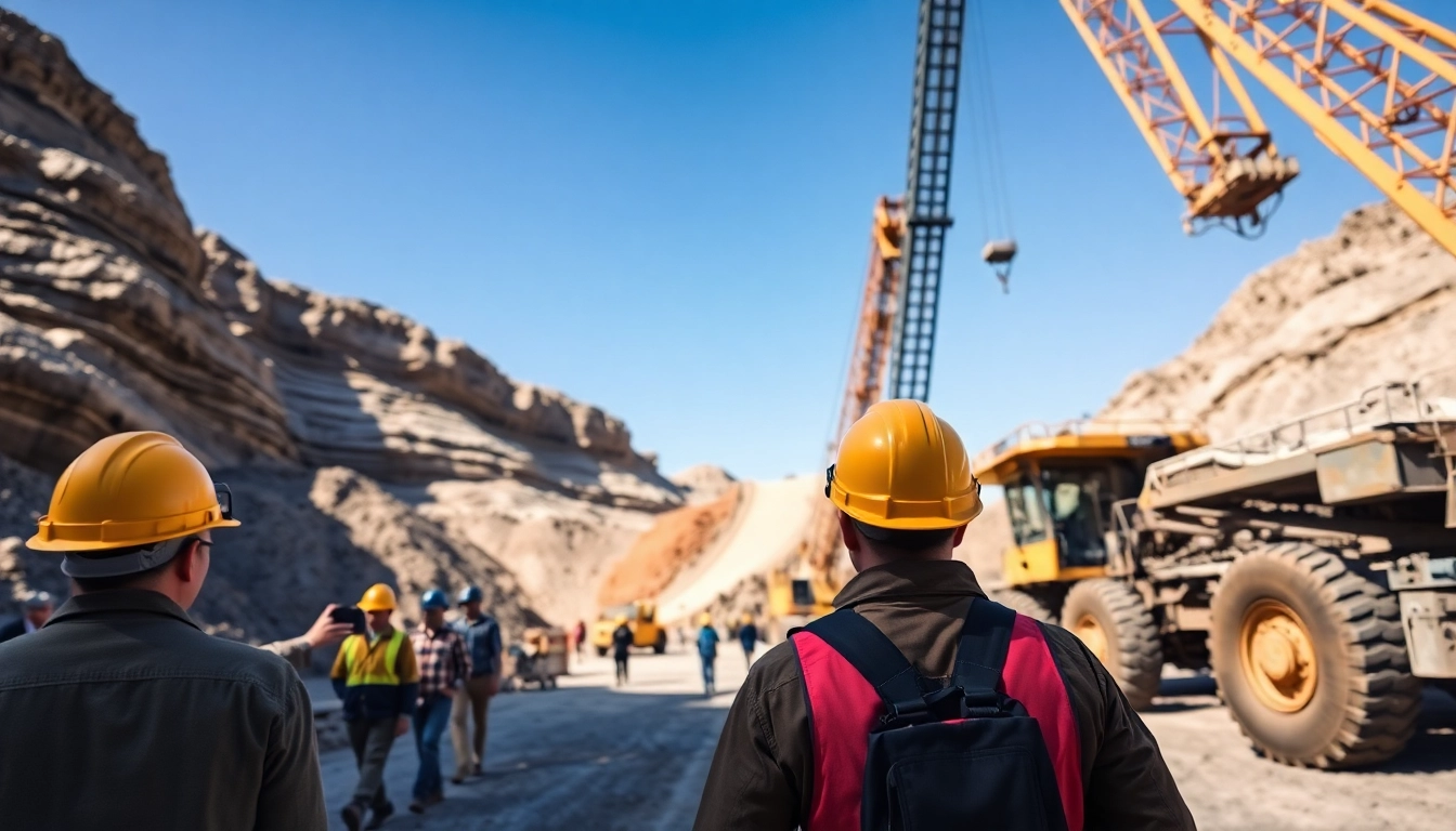 Miners working at a busy mine site with heavy machinery and safety gear.