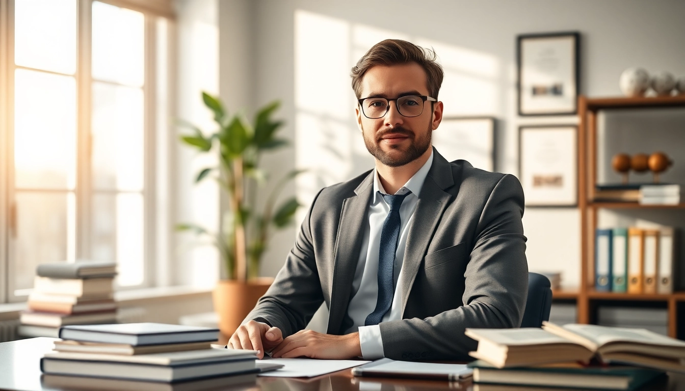 Intellectual property lawyer confidently working in a modern office, highlighting dedication to client innovation.