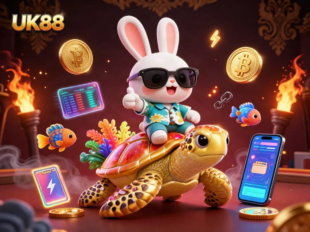 Join the fun at UK88 with vibrant casino vibes, a lucky rabbit, and a golden sea turtle!