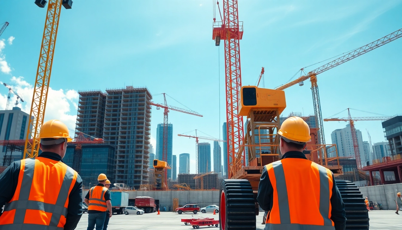 Construction association showcasing dynamic workers and equipment at a bustling site.
