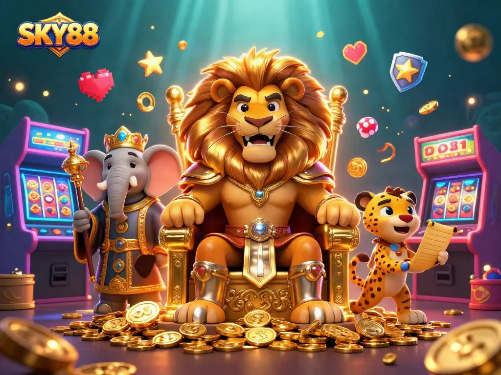 SKY88 features a fierce lion king and companions promoting exciting casino games and jackpot opportunities.