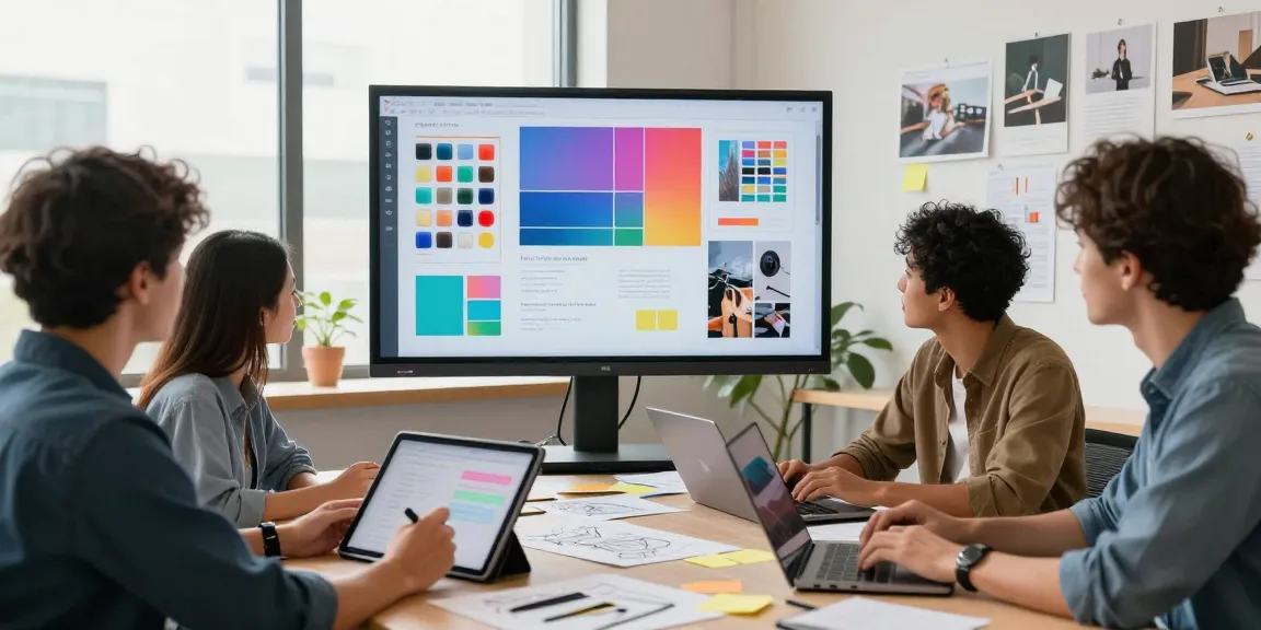 Team collaborating on a mixboard in a vibrant creative workspace, showcasing visual concepts and brainstorming activities.