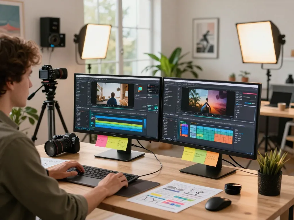 Creative video production workspace showcasing video to prompt ai generation, with dual monitors and editing tools.
