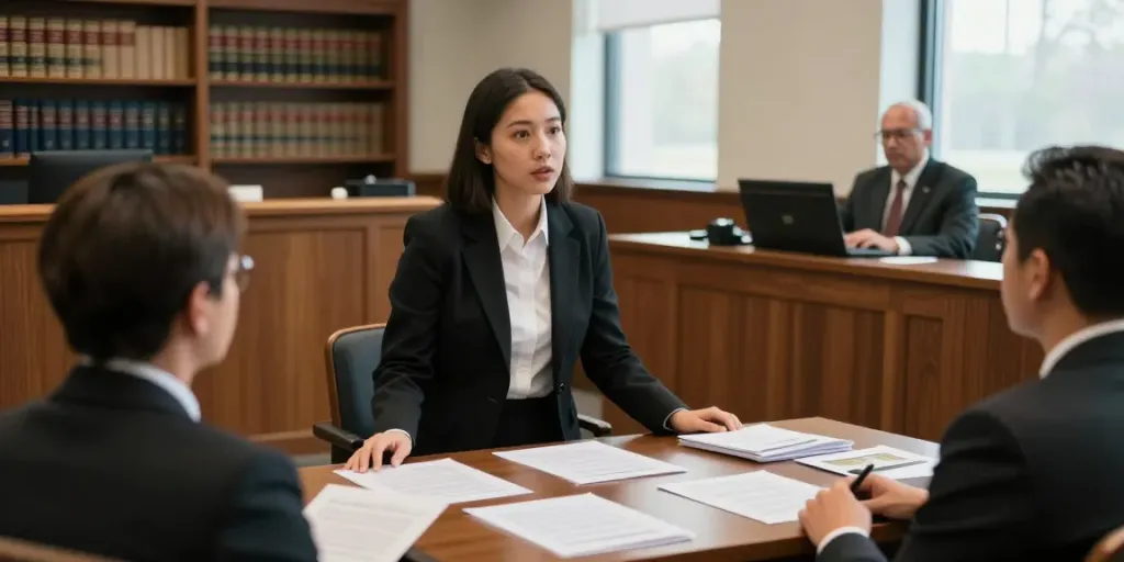 Attorney defending client in DUI trial in Marietta court, capturing serious legal atmosphere.