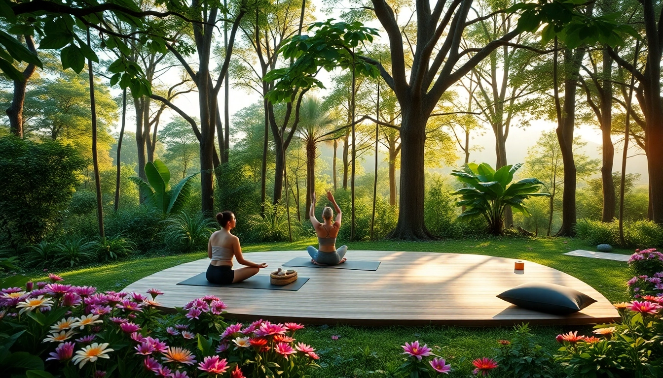 Participants enjoying a yoga session at a wellness retreat surrounded by nature.
