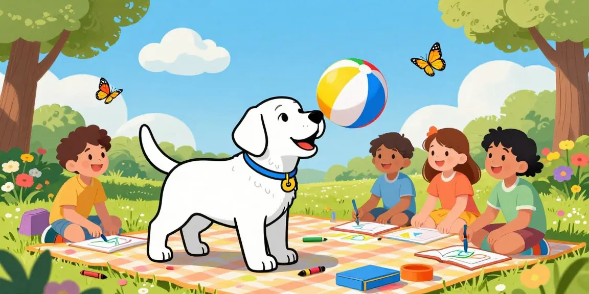Easy coloring for preschoolers with a playful Labrador puppy surrounded by crayons and kids in a sunny park.