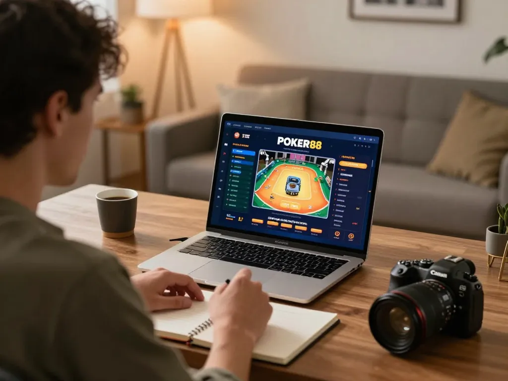 Engaged player strategizing at home while enjoying POKER88 online poker gaming on laptop