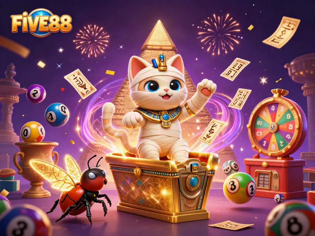 Engage players with FIVE88's vibrant lottery scene, showcasing excitement and dynamic gaming elements.