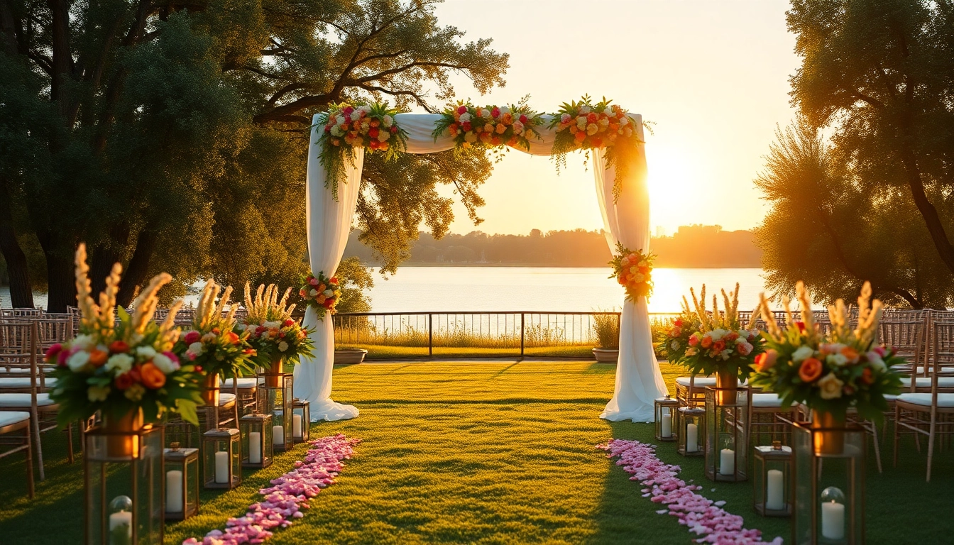 Elegant outdoor Wedding Venue Jacksonville FL featuring floral decorations and sunset lighting.