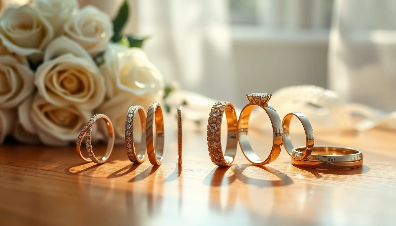 Showcasing stunning wedding bands in various styles on a polished surface.