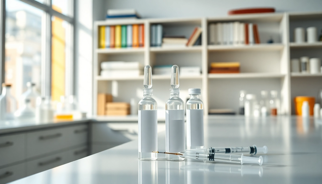 Buy peptides online safely in a professional laboratory setting with ampoules and syringes.