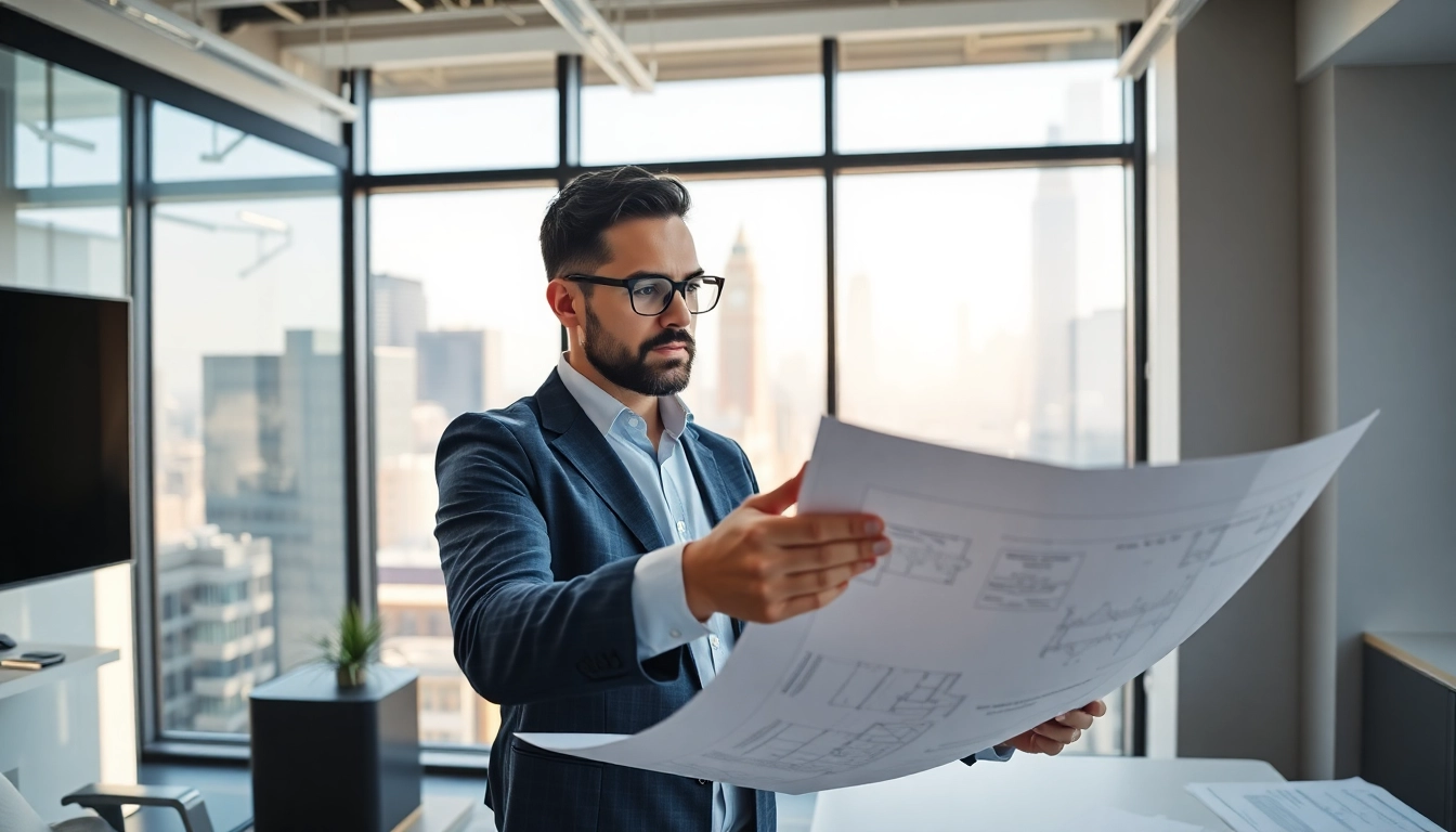 New York City General Contractor analyzing blueprints in a vibrant NYC office.