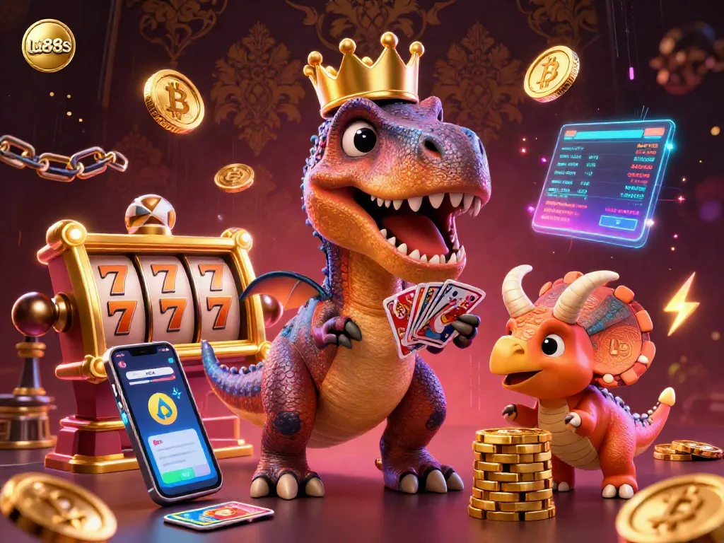 Engage with the vibrant world of lu88s, featuring a T-Rex shuffling cards while a baby triceratops stacks chips in an exciting casino scene.