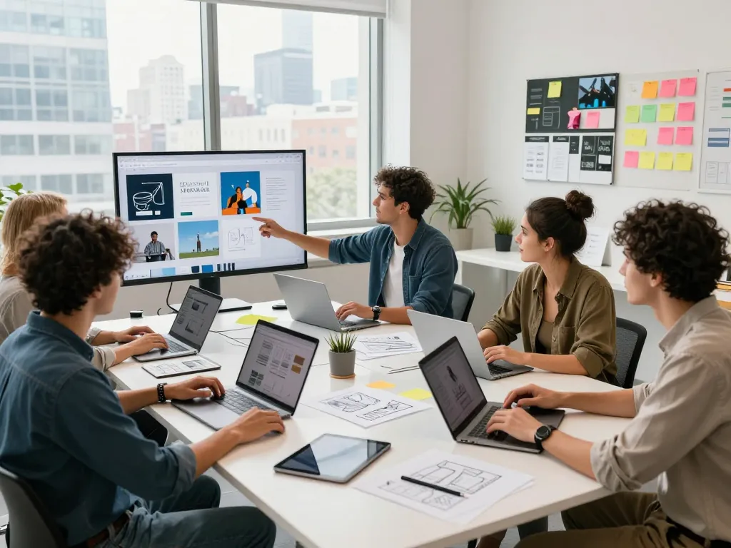 Freelance SEO services Kuala Lumpur team collaborating on web design projects in a modern studio.