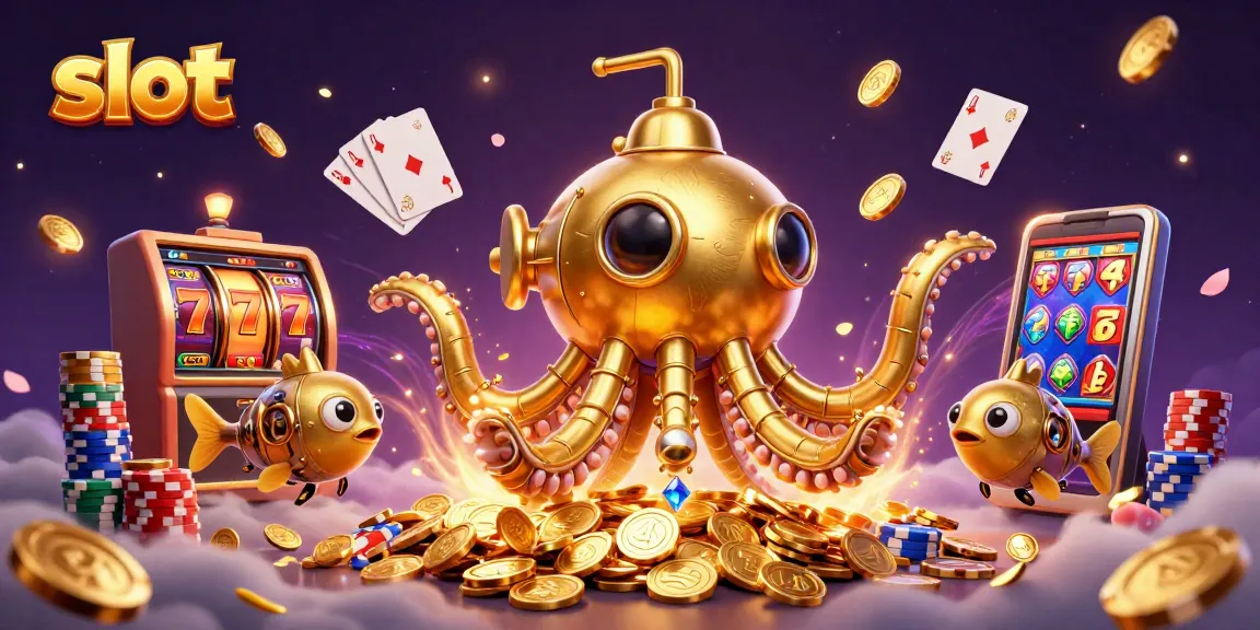 Menggandakan slot saat jackpot bersama kraken emas dan ikan mekanik, dikelilingi koin berkilau.