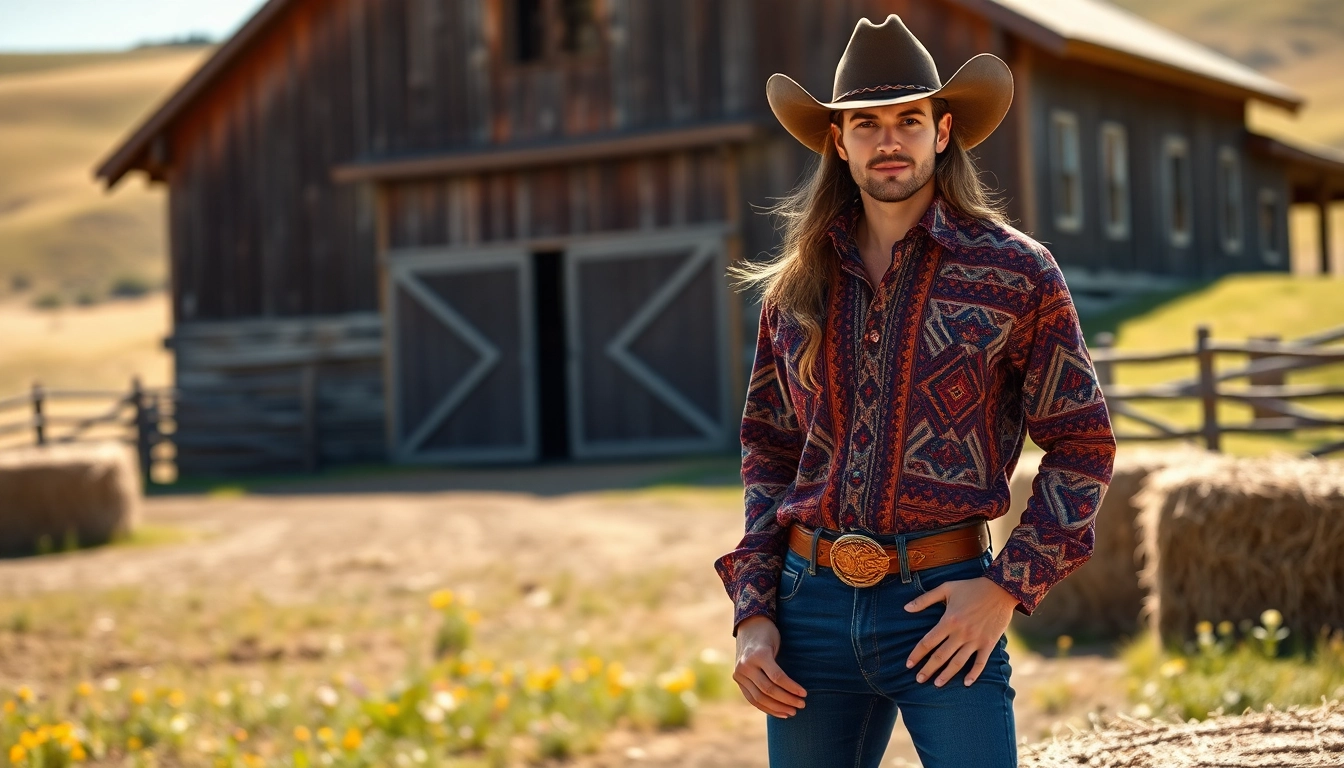 Model showcasing Aztec Print Western Wear against a rustic barn, highlighting vibrant patterns and outdoor charm.