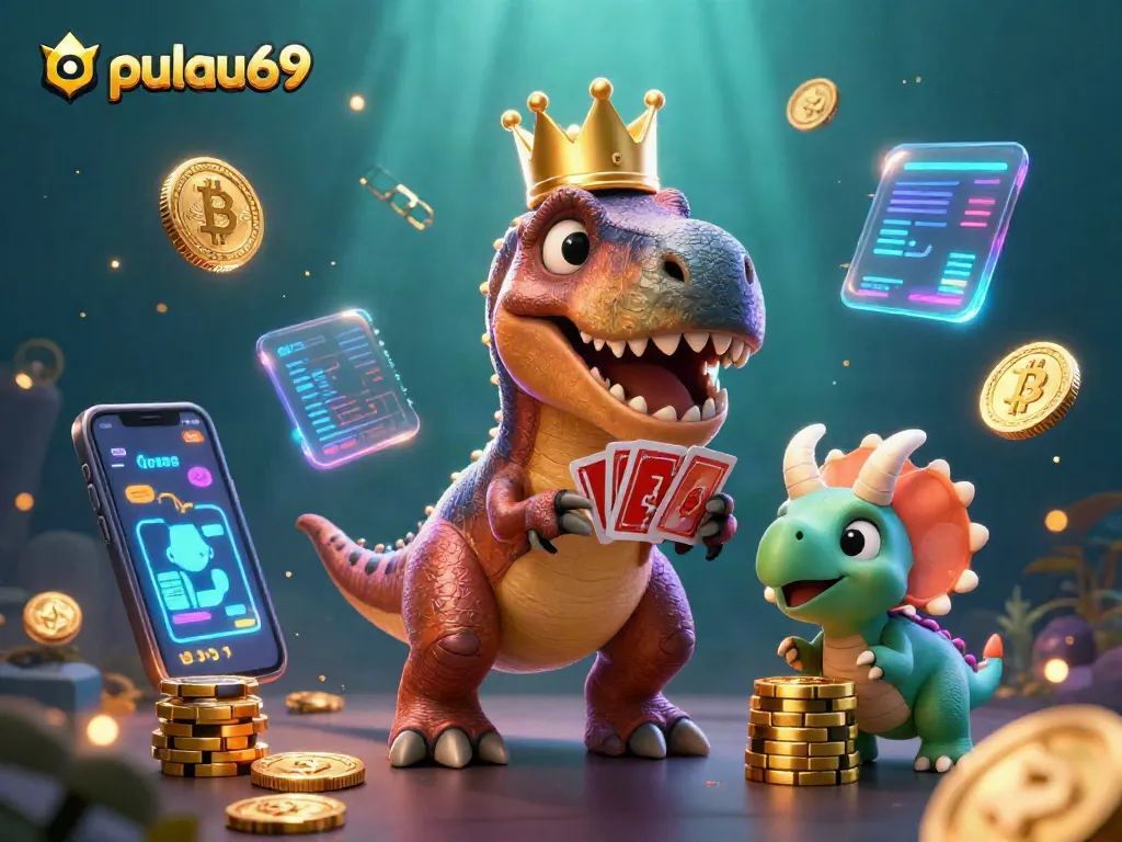Engage with pulau69’s thrilling casino gameplay featuring vibrant T-Rex card shuffle at an exciting table.