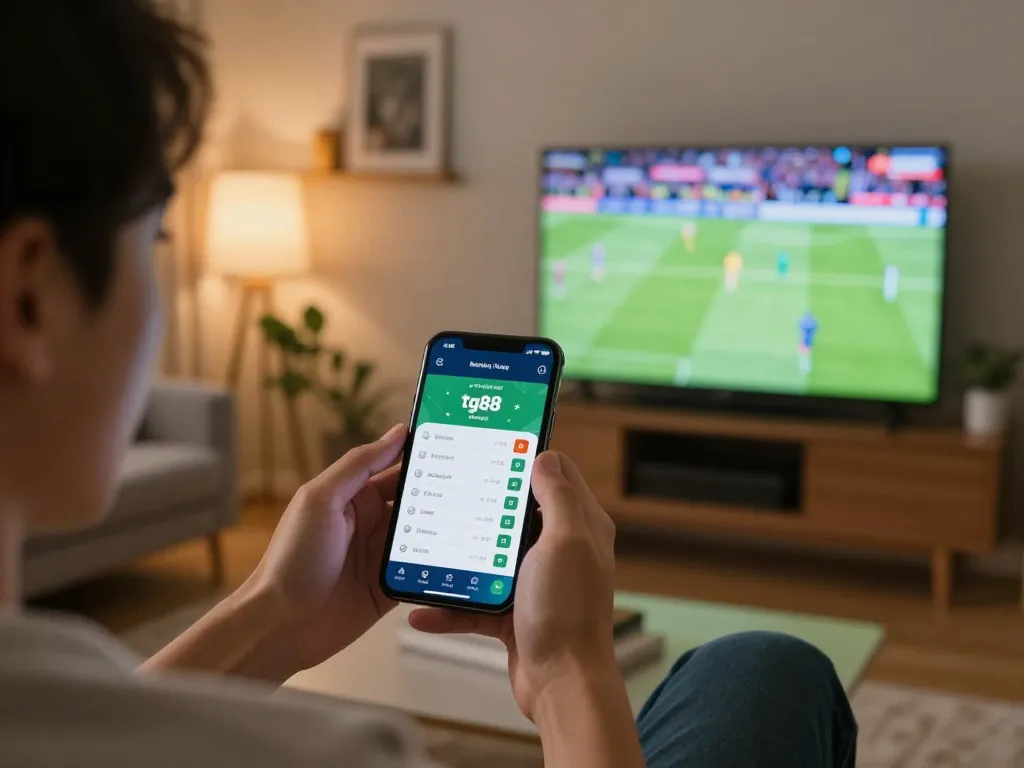 Betting on tg88 app while enjoying live sports, showcasing strategic betting interaction.