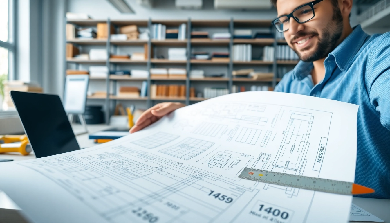 Engineer analyzing blueprint for das 140 compliance in a bright office setting.
