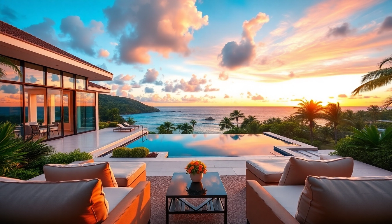Showcasing luxury international real estate, a stunning villa with coastline views.