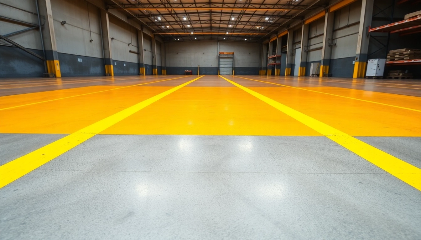 Warehouse floor striping Jackson MS with bright yellow lines showcasing professional quality.