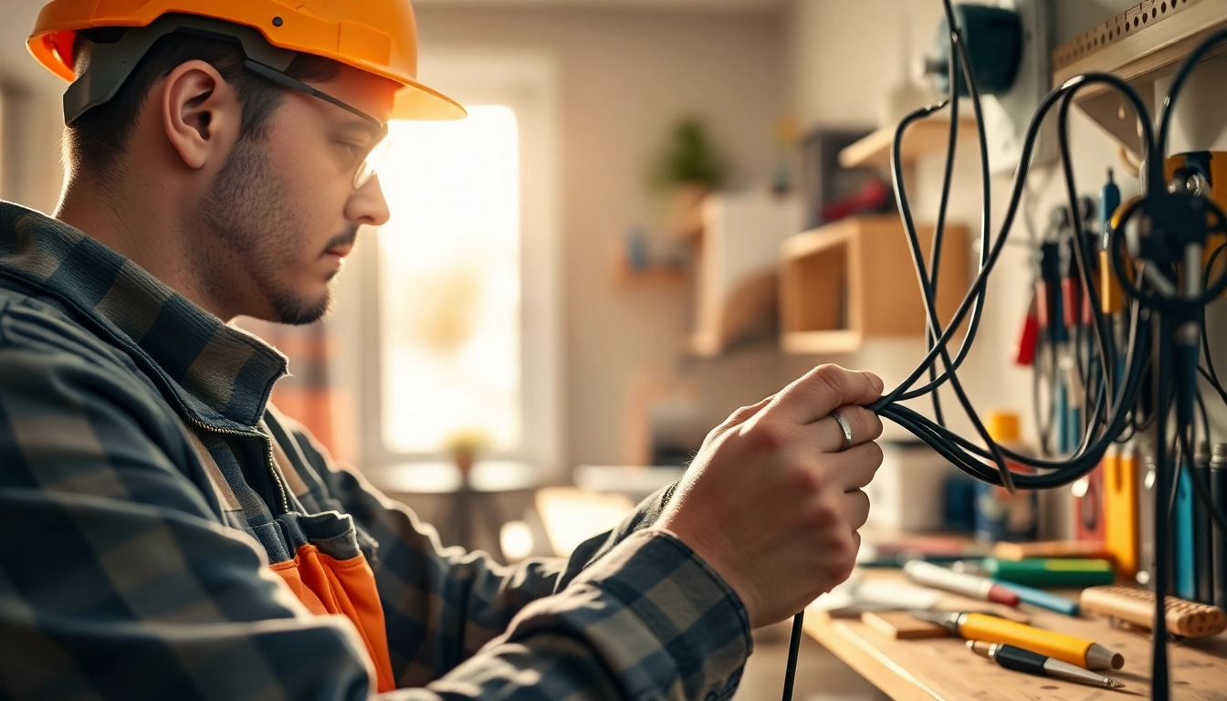 Electrician engaged in electrical apprenticeship, focused on wiring installation in a cozy environment.