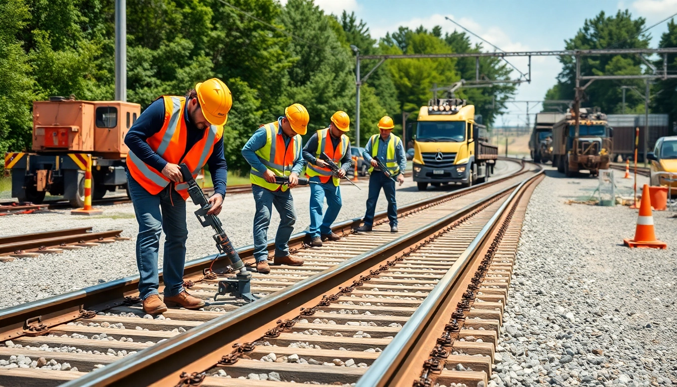 Railroad maintenance services team inspecting tracks with precision tools in a professional setting.