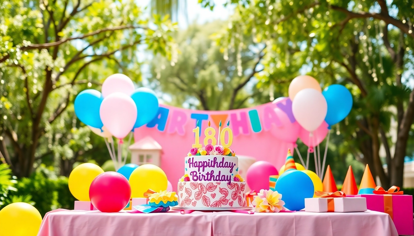 Decorated table setup for a Customizable birthday party featuring balloons and personalized decorations.