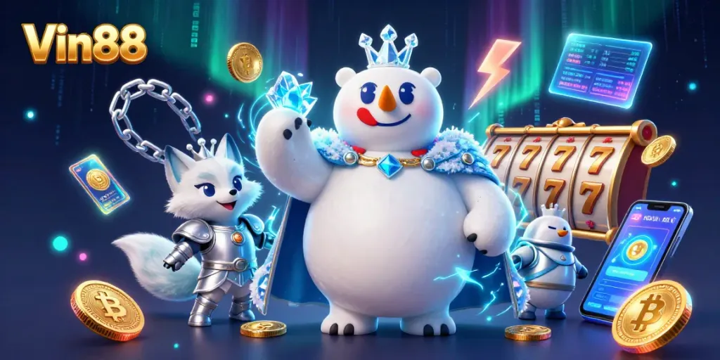 Engage with Vin88 as a 3D ice king and snow fox reveal exciting slot jackpots.