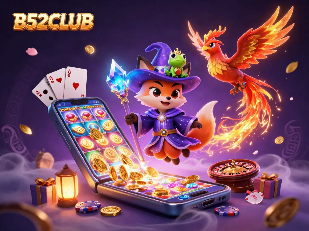 B52CLUB wizard fox conjuring thrilling slot games surrounded by mystical gaming elements.
