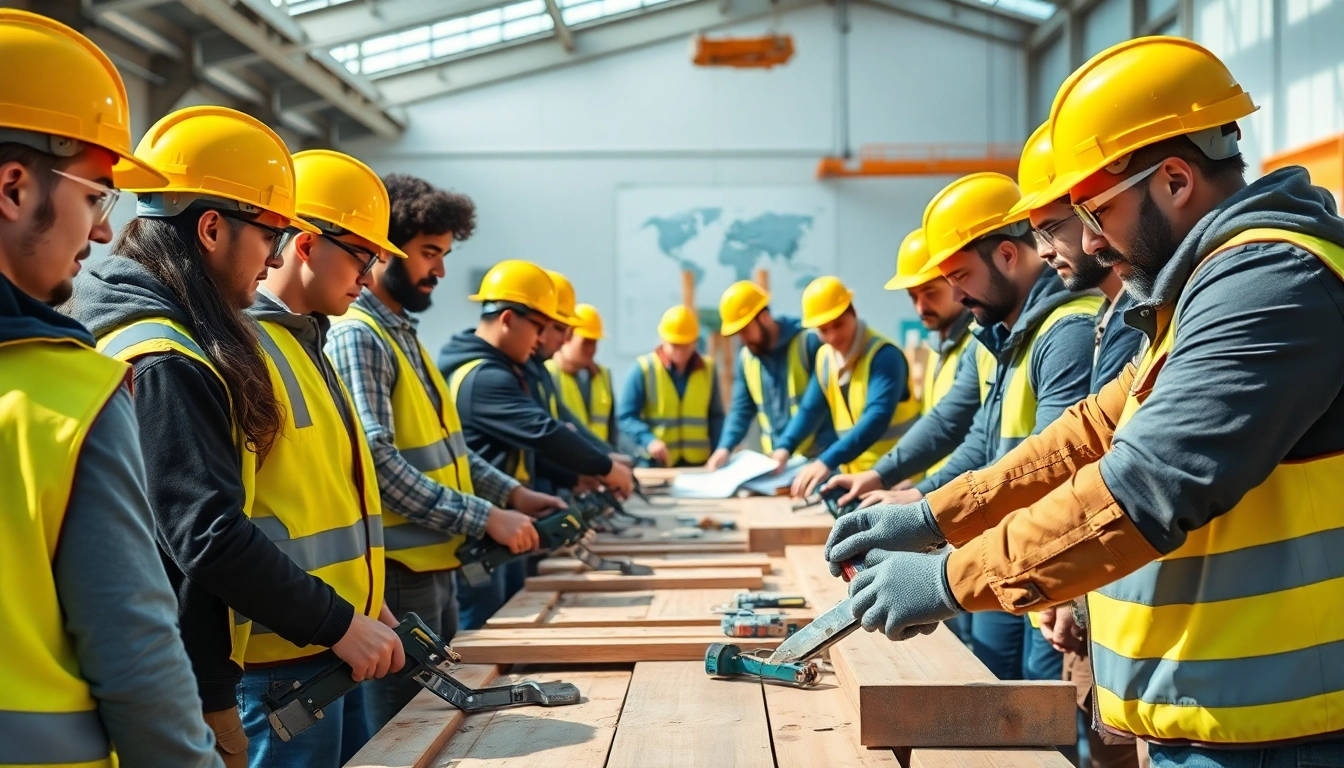 Engaging construction training session with diverse trainees learning hands-on skills.