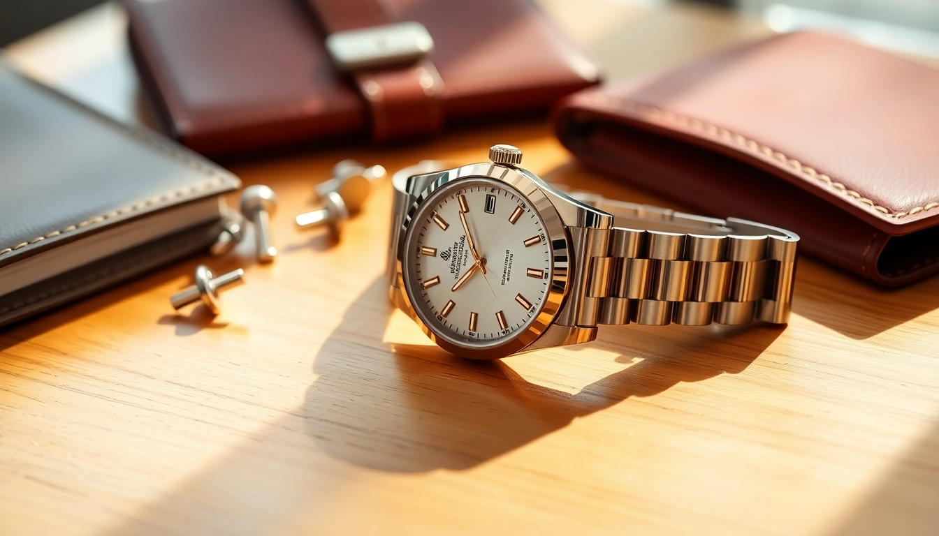 Admire the detailed craftsmanship of this rolex replica watch against a sophisticated backdrop.