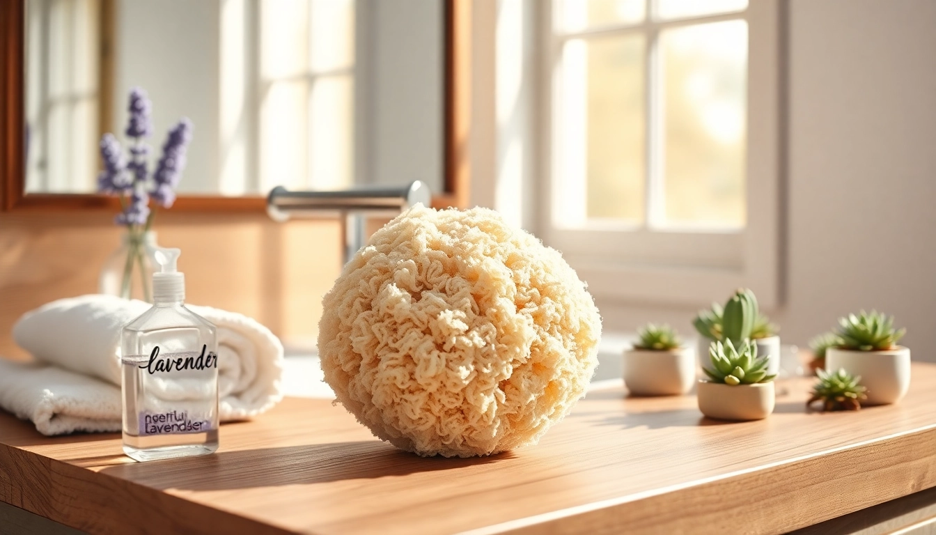 Using a makeup remover loofah on a wooden vanity surrounded by relaxing bath accessories.