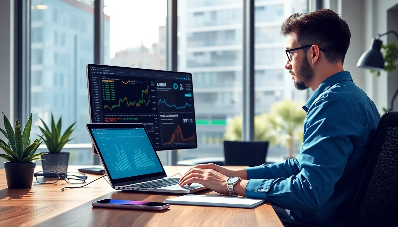 Web scrapping tool in a modern office, showcasing financial data analysis and tech gadgets.
