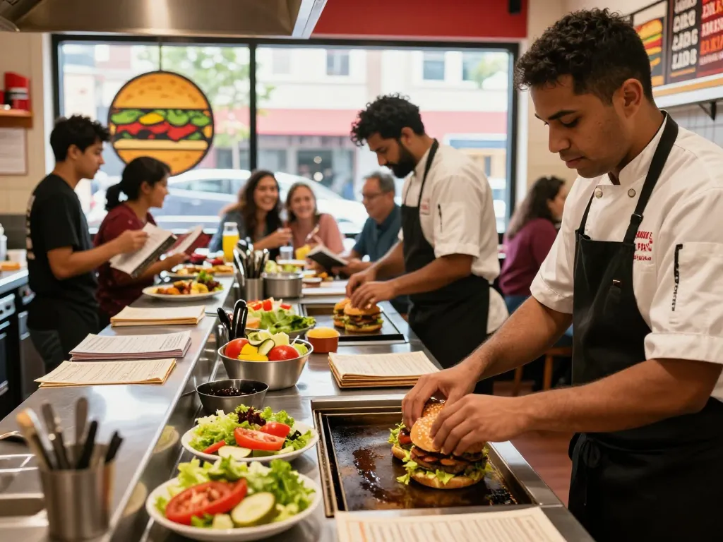 Vibrant kitchen scene showcasing fast food prices with chefs preparing delicious meals.